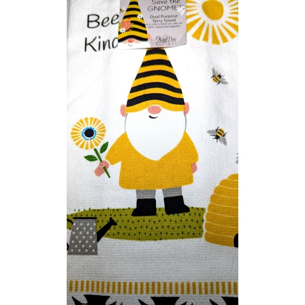 BEE KIND Kitchen Towels 2-pc Honeybee Gnome & Daisy Kay Dee Designs Gift